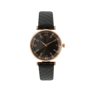 Women's quartz watch with black carbon fiber strap and rose gold rhinestone dial