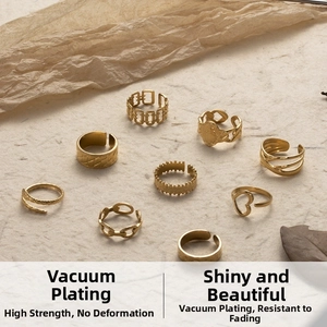 Detail of nine-piece gold-plated ring set featuring vacuum plating for lasting shine