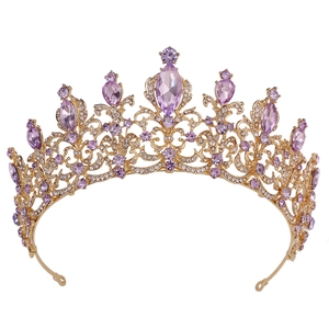 Golden Baroque bridal crown with purple teardrop gemstones and sparkling crystals