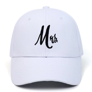 Classic white cotton baseball cap featuring black Mrs. embroidery for couples and sun protection