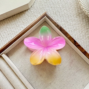 Gradient rainbow frangipani hair claw clip with colorful flower design on a wooden tray