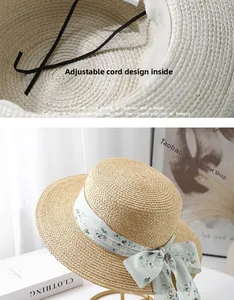 Détail du chapeau de paille avec cordon réglable interne et ruban à fleurs décoratif