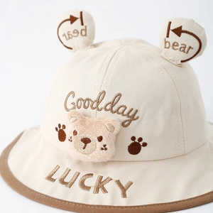 Cute beige bear ears bucket hat for toddlers with embroidered LUCKY text and plush bear