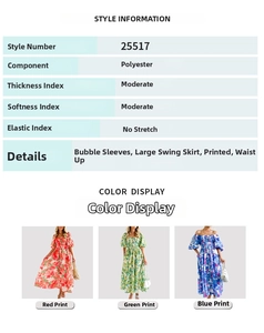 Größentabelle und Detailansicht des Blumen-Maxikleids mit Puffärmeln in Rot, Grün und Blau