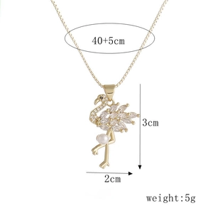Collier flamant rose doré 18k avec zircons blancs et perle, chaîne ajustable 40+5cm