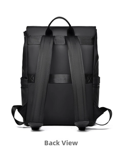 Business laptop backpack back view with padded straps and luggage trolley strap details
