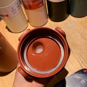 Detailed view of the silicone leak-proof ring inside the brick red insulated bottle lid