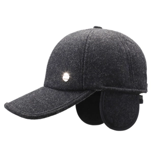 Men's dark charcoal winter baseball cap with thick wool texture and ear protection flaps