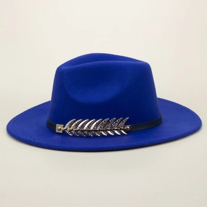 Detail of wool fedora hat featuring a black belt and golden metal leaf buckle