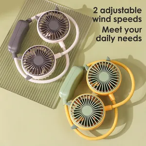 Portable neck fan with dual heads and adjustable angles in white and yellow colors