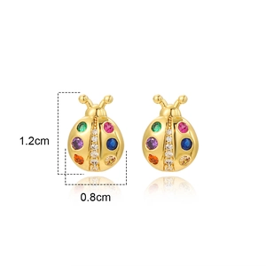 Detailed size view of ladybug stud earrings with multicolored zircons measuring 1.2x0.8cm