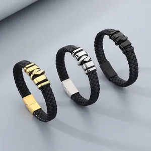 Men Braided Leather Bracelet Stainless Steel Magnetic Buckle Minimalist Hip Hop Style Wristband Jewelry Accessory