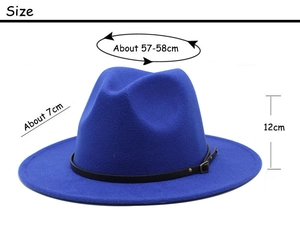 Detailed view of royal blue wool fedora hat with dimensions 57-58cm head size