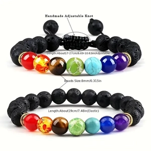 Detailed view of handmade 8mm chakra beads with adjustable knot and elastic cord specs