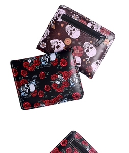Gothic skull and spiderweb print short bifold wallet with secure zipper coin pocket
