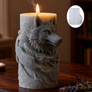 Detailed relief of a wolf head on a handmade grey candle made with silicone mold