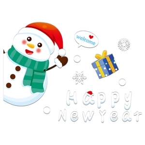 Cartoon snowman and reindeer window stickers with Happy New Year text for holiday decor