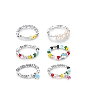 S925 sterling silver beaded rings with colorful crystals, pearls and heart charms