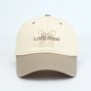 Two-tone baseball cap in beige and khaki with butterfly and Love Poem embroidery