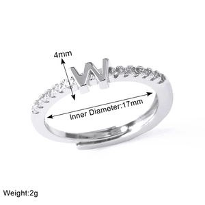 Detail view of silver W-letter ring with 4mm height and 17mm inner diameter dimensions