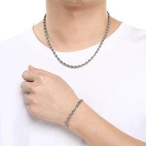 Polished silver stainless steel twist rope chain necklace and bracelet set for women and men