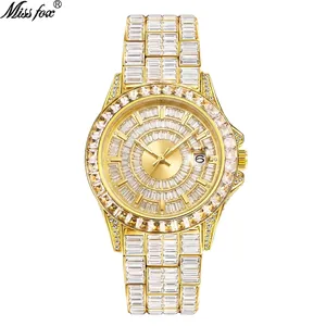 Luxury Men's Iced Out Quartz Watch Full Zirconia Square Diamond Waterproof Hip Hop Alloy Wristwatch With Date