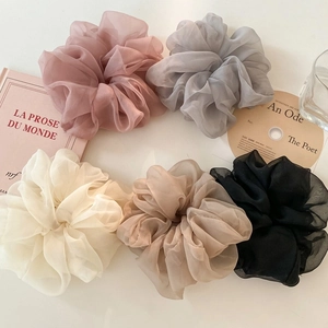 Elegant sheer mesh scrunchies set in pink, grey, off-white, khaki and black colors