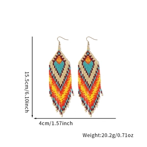 Handmade bohemian long beaded tassel earrings with colorful geometric ethnic patterns