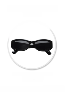 Detail shot of vintage black oval sunglasses with high-quality UV protective lenses