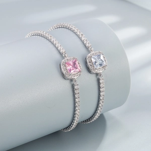 Elegant 925 sterling silver bracelets with pink and blue square stones and pavé diamonds