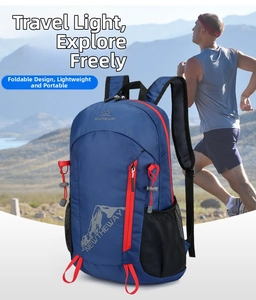 Detail of dark blue waterproof checkered fabric with red zipper on folding backpack