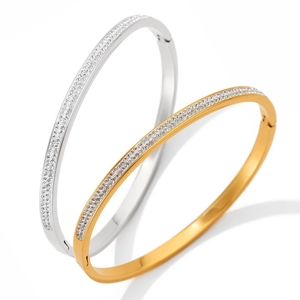 Polished stainless steel bangles in gold and silver with double-row zircon pavé stones