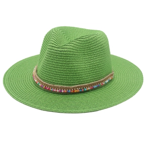 Green Panama straw fedora hat with colorful bohemian beads and sparkling rhinestone accents