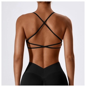 Detail of cross-back straps on seamless black sports bra and V-waist yoga leggings