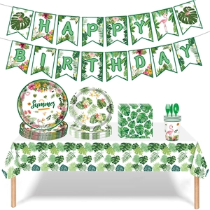 Hawaiian party tableware set with flamingo and tropical leaf patterns for birthdays