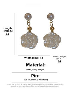 Detail showing 3.1cm length of acrylic camellia earrings with pearls and 925 silver needles
