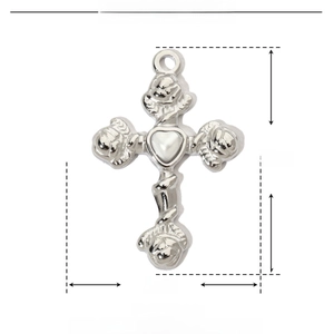 Silver stainless steel cross pendant with ABS pearl detailing, 30mm x 20mm dimensions