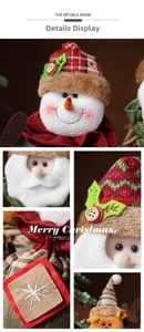 Detailed close-up of knitted Christmas doll bags with plush textures and wood buttons