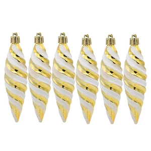 Detail of six gold and white spiral thread Christmas tree ornaments with hanging loops