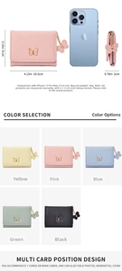Detailed size chart for compact women's bow wallet with card slots and coin pocket