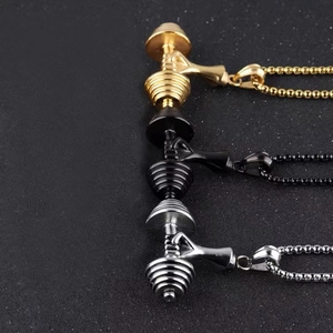 Dumbbell pendant necklaces in gold, silver and black titanium steel for fitness fans