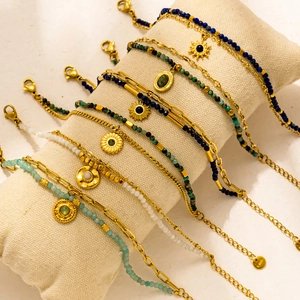 Bohemian gold-plated S925 silver beaded bracelet set with turquoise and sun charms