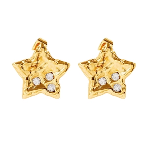 French vintage 18K gold plated star stud earrings with white crystals on white background