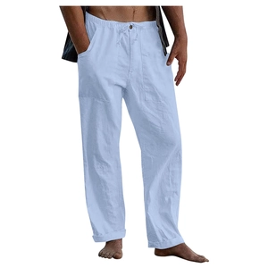 Men's light blue linen yoga pants with drawstring waist and pockets in a relaxed fit