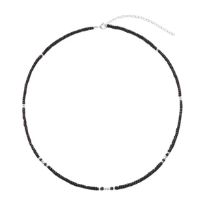 Minimalist beaded necklace with dark beads and silver metal accents on white background