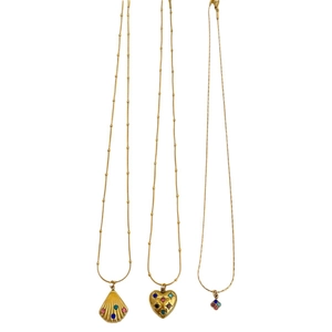 Three gold-plated stainless steel necklaces with shell, heart, and flower colorful pendants