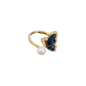 Adjustable gold butterfly ring with turquoise shell, white pearl and zircon accents