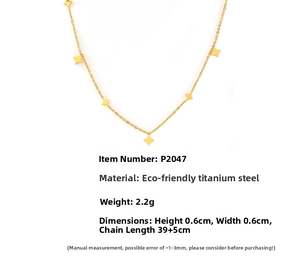 Detail of titanium steel necklace showing six star pendants and size measurements
