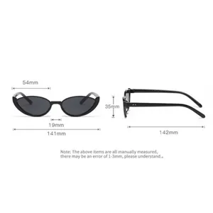 Detailed size specifications for black cat-eye sunglasses with precise frame measurements