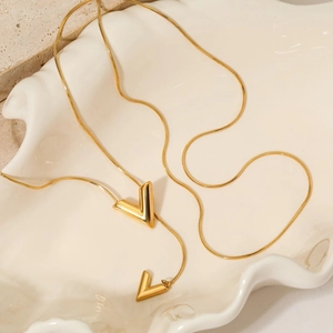 Gold stainless steel snake chain necklace with elegant double V-shaped pendants for women